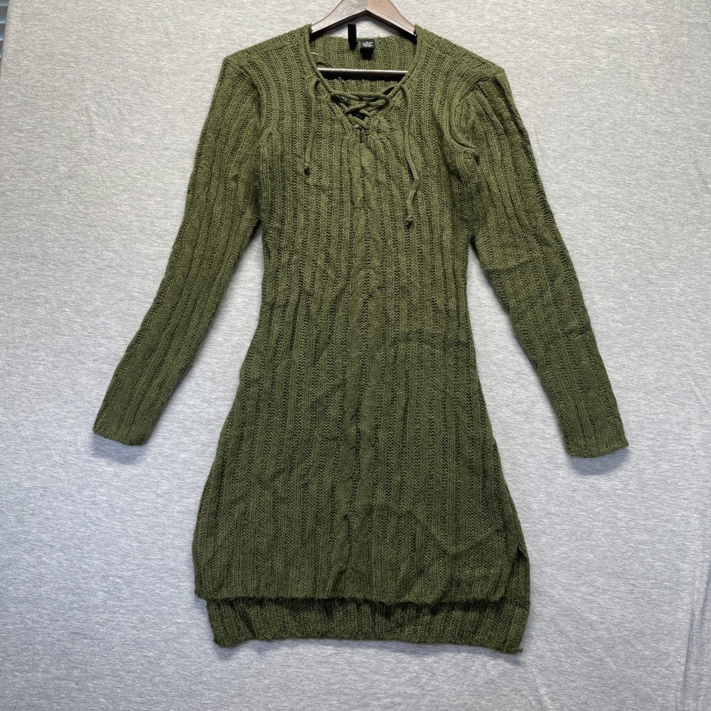 No Comment Mini Sweater Dress Women's Large Olive Green Cable Knit Lace Up Neck